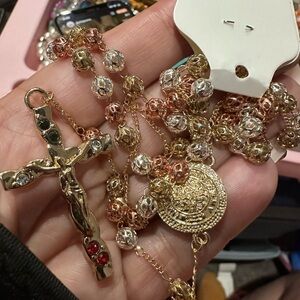 Elegant Gold and Silver Rosary Necklace